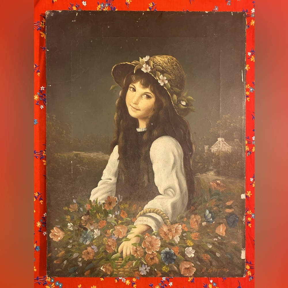 Vintage OIL ON CANVAS Young Girl Holding Basket Of Flowers Signed K. GROPIUS
